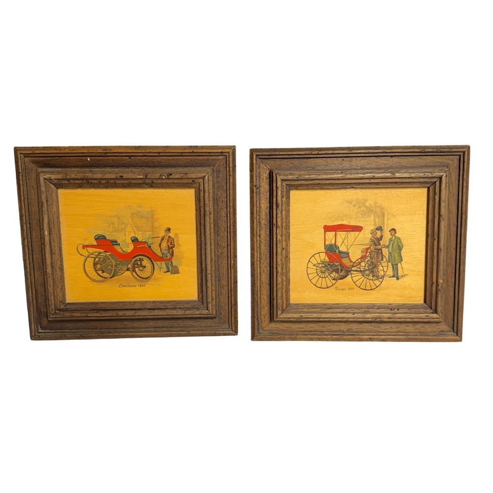 "Vintage Wood Mounted Early Automobile Prints – Rustic Framed Wall Art (Set of 2